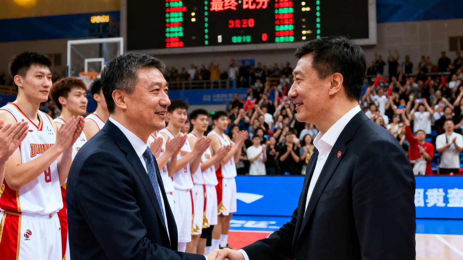 英超联赛赛后图文战报配图，两队主教练在场边握手致意，背景记分牌显示最终比分，球员们正在向球迷致谢